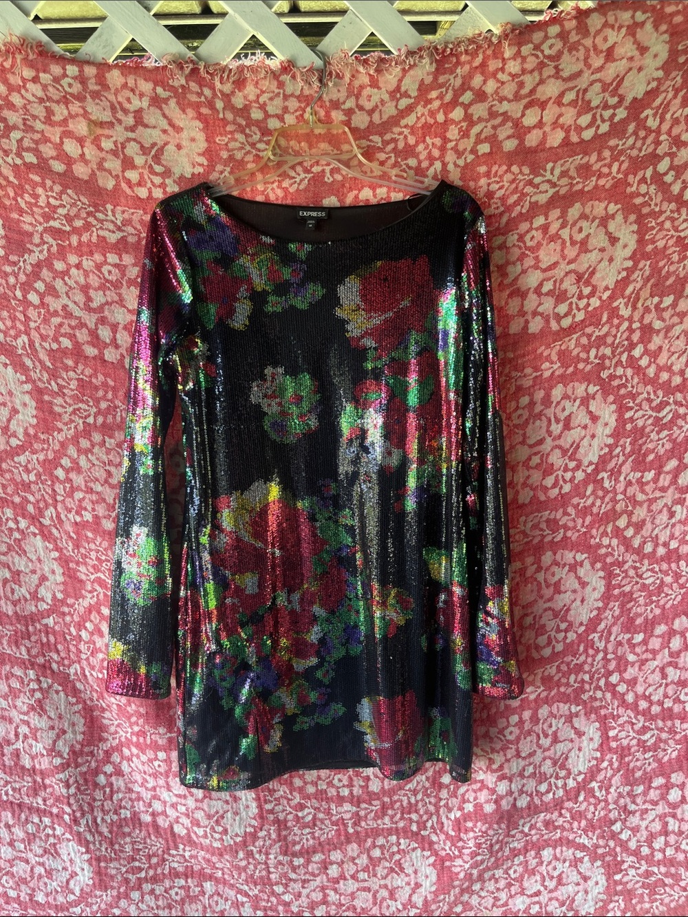 Express Black Sequin Floral Long-Sleeve Top with Multicolor Sparkle